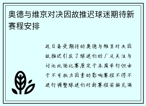 奥德与维京对决因故推迟球迷期待新赛程安排
