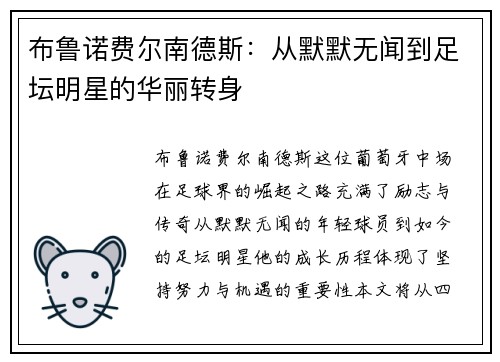 布鲁诺费尔南德斯：从默默无闻到足坛明星的华丽转身